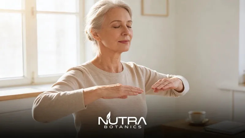 Woman with supplement and glass of water at counter